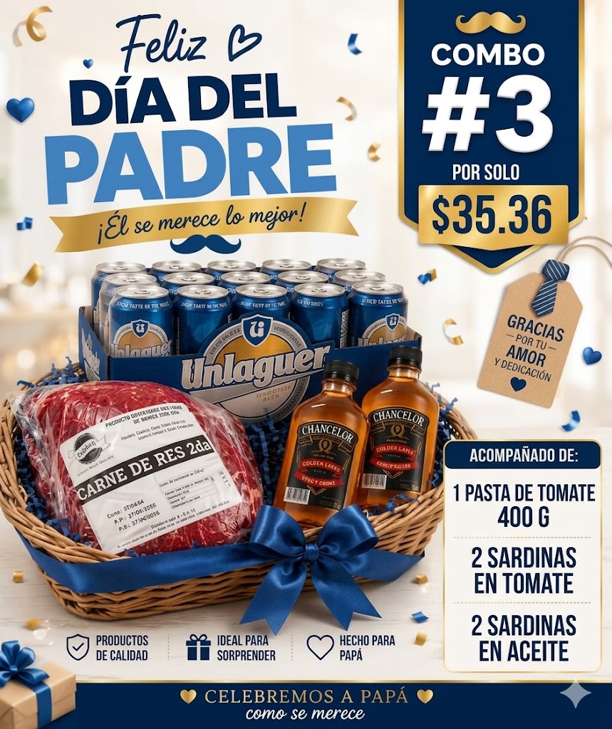 Combo #3 Día de los Padres                                                                   (1 corte de carne de segunda (1.8-2.0 kg), 1 pasta de tomate 400g, 2 sardinas en aceite, 2 sardinas en tomate, 1 caja de cerveza Unlaguer y 2 whisky Chanceller 200ml)